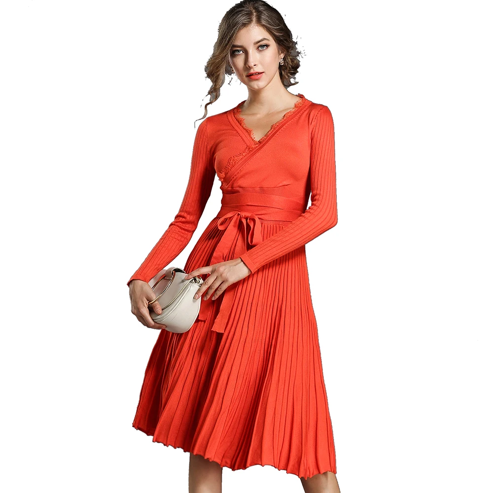 European and American Women Fashion Lace Patchwork Cross V Neck Brand New Pleated A Line Big Hem Belt Waist Knit Dress, Black;wine red;red;green;orange
European and American Women Fashion Lace Patchwork Cross V Neck Brand New Pleated A Line Big Hem Belt Waist Knit Dress, Black;wine red;red;green;orange