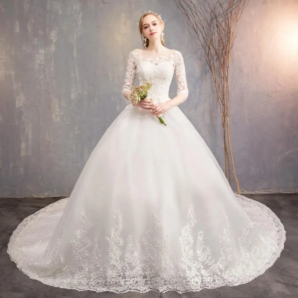 2019 New Arrival Elegant Plus Size Three Quarter Sleeve Luxury Lace Flower Wedding Dress with Long Tail, White wedding gown
2019 New Arrival Elegant Plus Size Three Quarter Sleeve Luxury Lace Flower Wedding Dress with Long Tail, White wedding gown