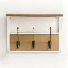 Custom design rustic natural solid wood and metal wall decorative floating hanging shelf with coat hooks