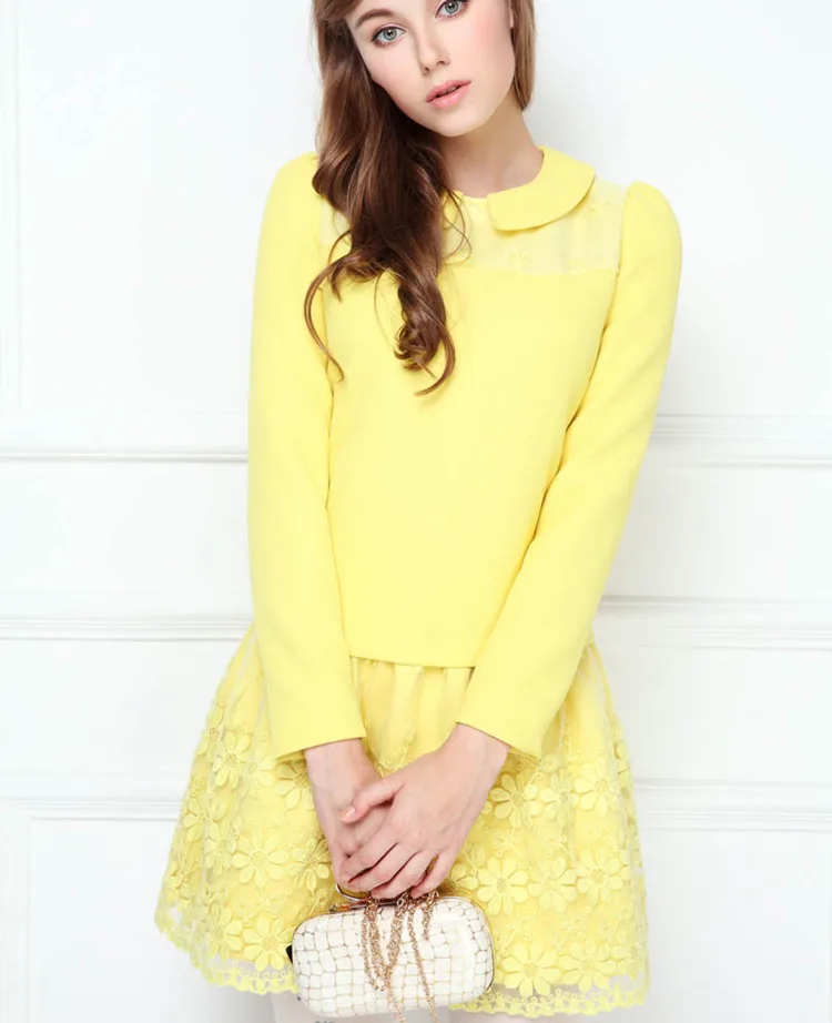 Corea moda Peter Pan collar elegante manga larga amarillo corto vestidos de diseños