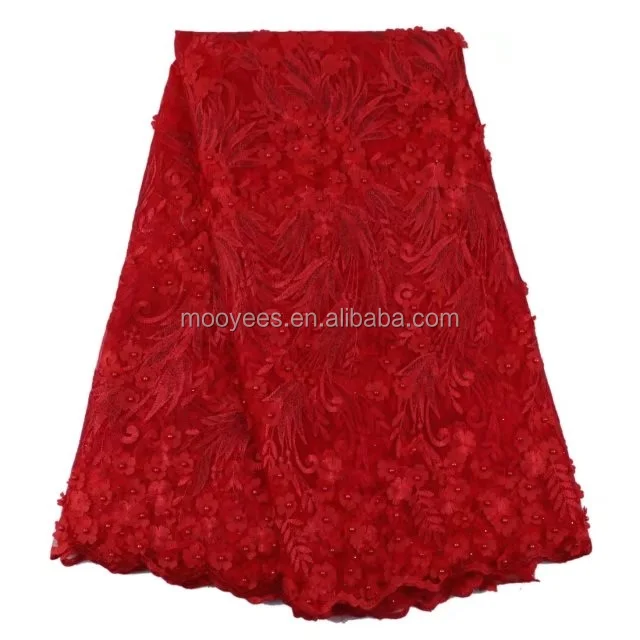 African crochet polyester lace fabric patterns of lace evening dress red flower beads