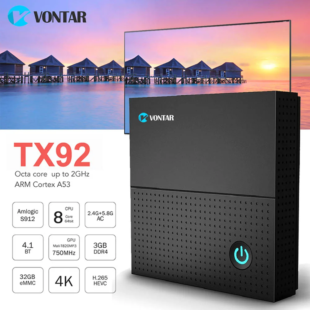 VONTAR TX92 Android 7.1 TV Box 3GB/64GB 4K Amlogic S912 Octa Core 1000M LAN 2.4G/5GHz Dual Wifi BT4.1 H.265 HDR10 Smart IPTV Box