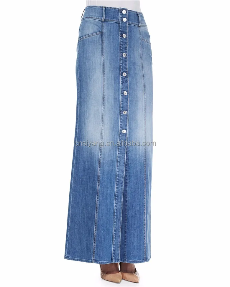 2015 womens fashion button up straight denim skirt long jean