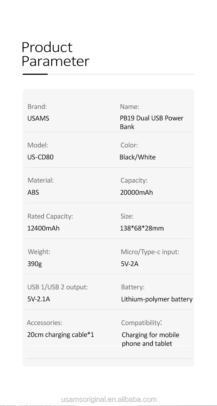 USAMS CD80 Customize Dual USB Outputs Inputs Portable Fast Charge Powerbank 20000 mAh - ANKUX.COM