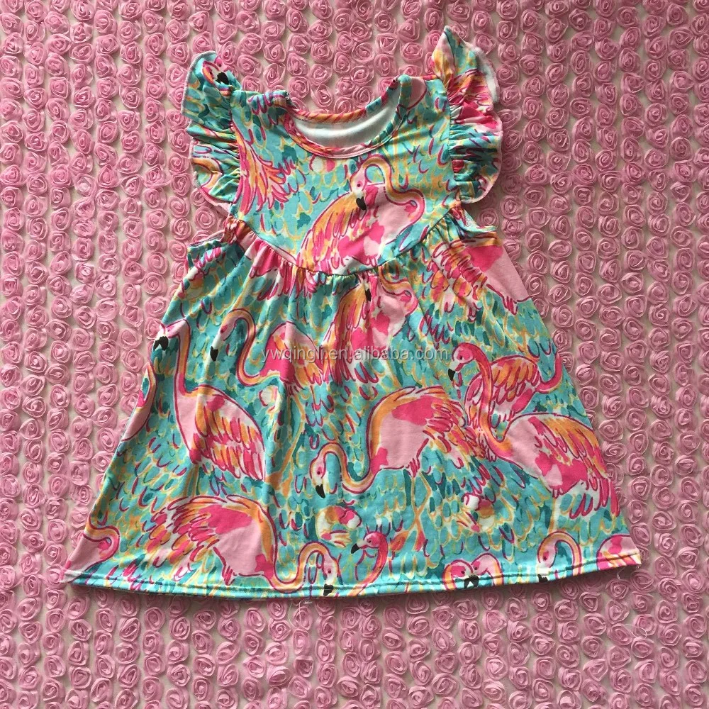 2016 latest design baby boutique flamingo printe pearl dress baby preal dress