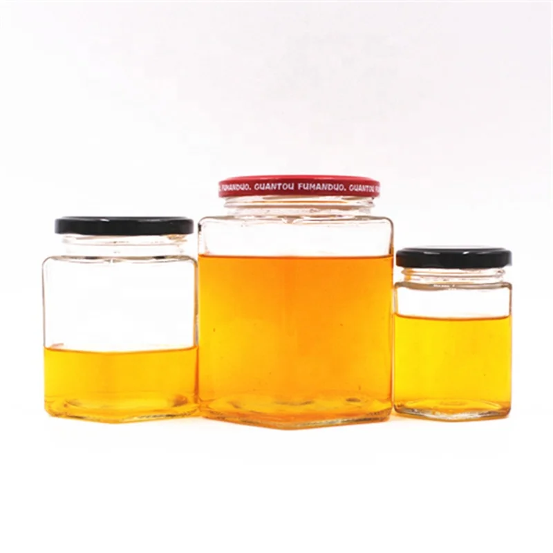 

45ml 85ml 100ml 180ml 280ml 380ml 500ml 730ml polygon hexagon jam sauce pickles honey glass jar with metal lid, Clear