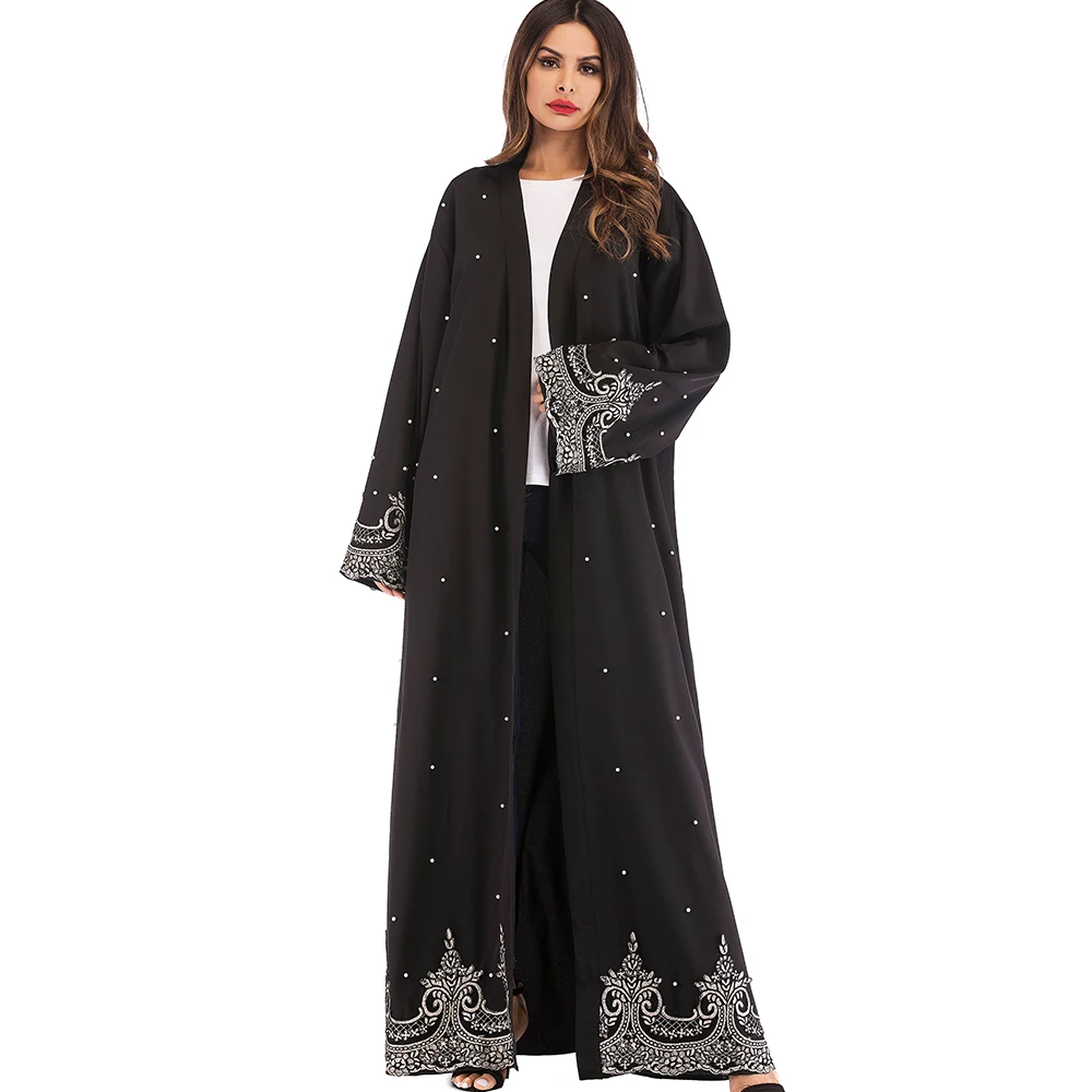 

1684# Wholesale party wear modest new model islamic muslim dresses black kimono abaya with pearls in dubai, Black/customized