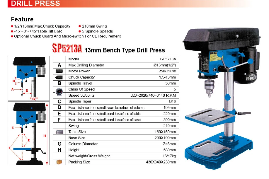10 in. Bench Table Drilling Machine ZJ4116 Mini Drill Press SP5213A