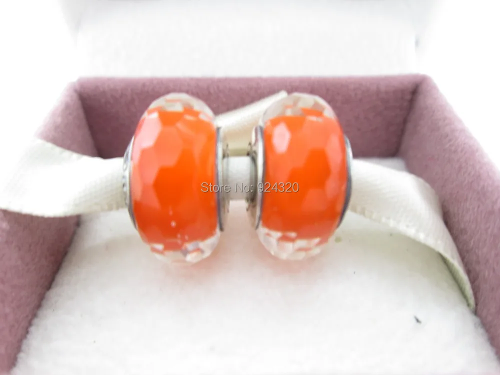 Murano Glass Beads Authentic Set of 2 Sterling Silver S925 CHARM Murano Glass Bead Orange Faceted