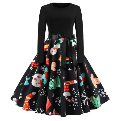 

walson Winter Christmas Dresses Women 50S 60S Vintage Robe Swing Pinup Elegant Party Dress Long Sleeve Casual Plus Size Print Bl, As show