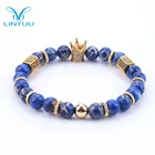Customize Imperial Blue Jasper Stone Bead Bracelet With Gold Plated Crown Charms