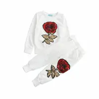 

100-140cm Sequin Rose Flower Two Piece Set Girls Clothes Long Sleeve Sweatshirts and Pants Suit Children Fashion Casual Wear