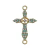 Light blue enamel and light gold plated fancy cross with rhinestones connector link charms