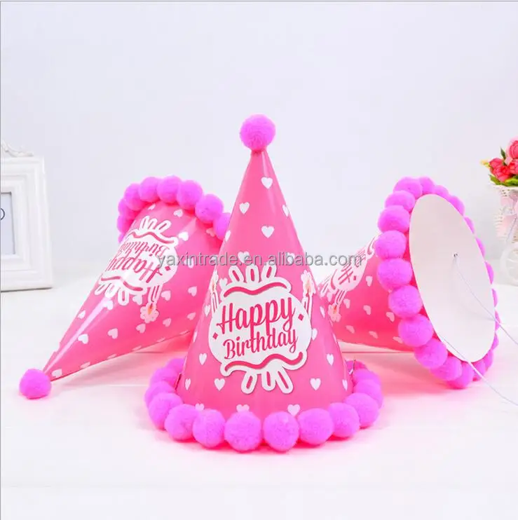 Decoración del Partido popular Feliz Cumpleaños de los niños sombrero de papel con pom