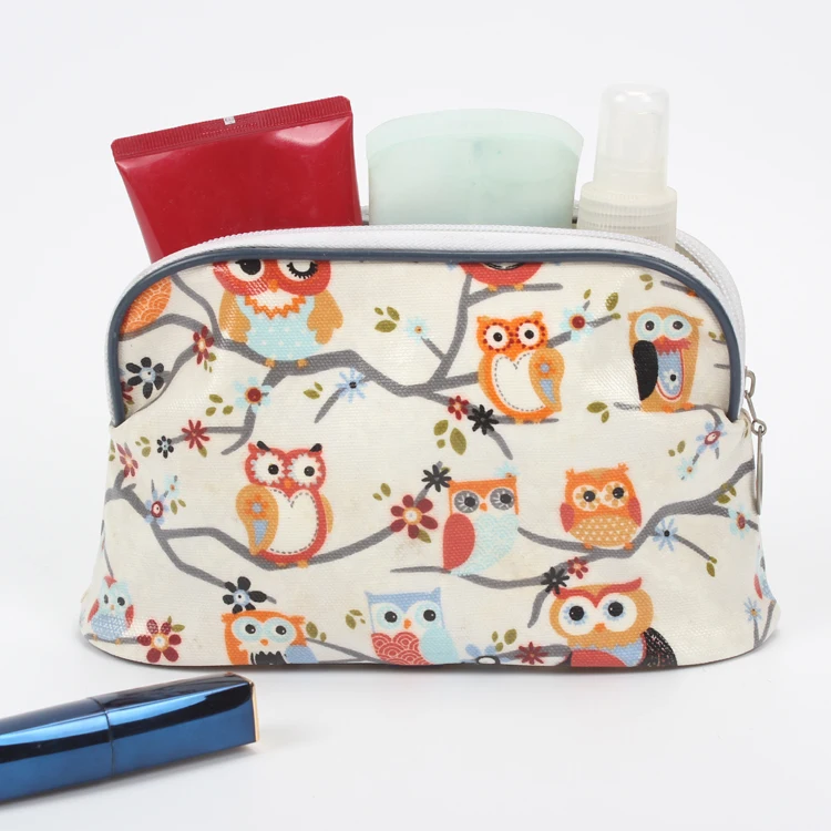 Laminated Canvas Cute Owl Pattern Cosmetic Bag Private Label Makeup Bag Custom Makeup Bag