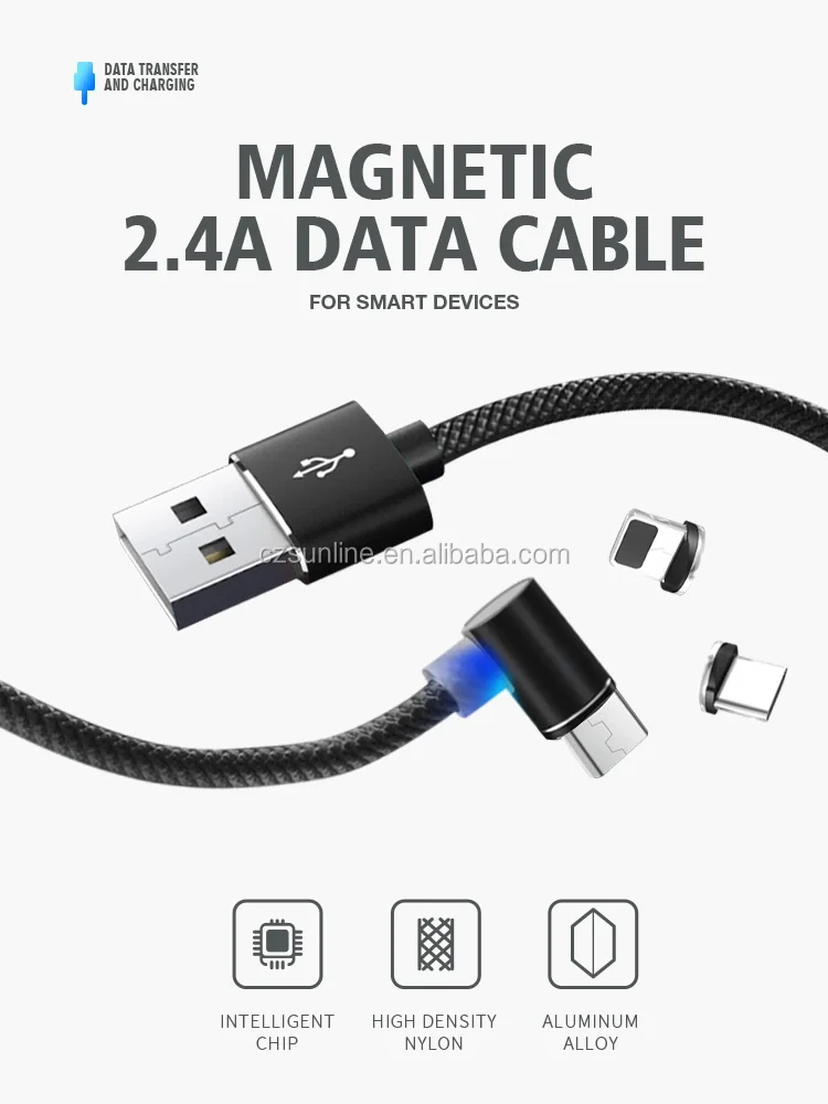 SUNLINE 2019 high feedback 90 degree micro usb cable nylon weave 2.4A 3 in 1 magnetic charging cable - ANKUX.COM