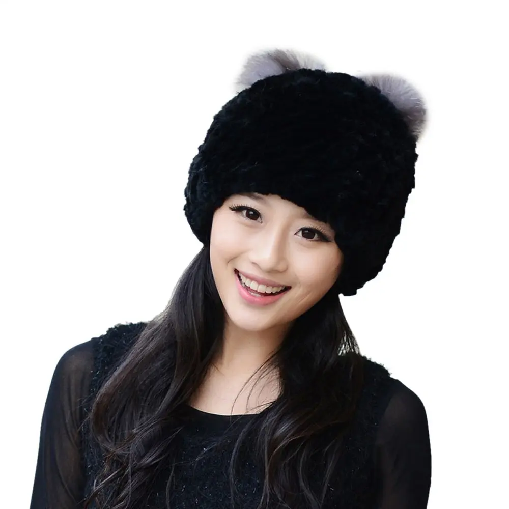 Women's Rex Rabbit Fur Hats Caps with Raccoon Fur Flower Flexible Multicolor