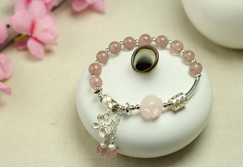 Sinya strawberry quartz rose quartz pearl bracelet in 925 sterling silver for girls women lover (8)