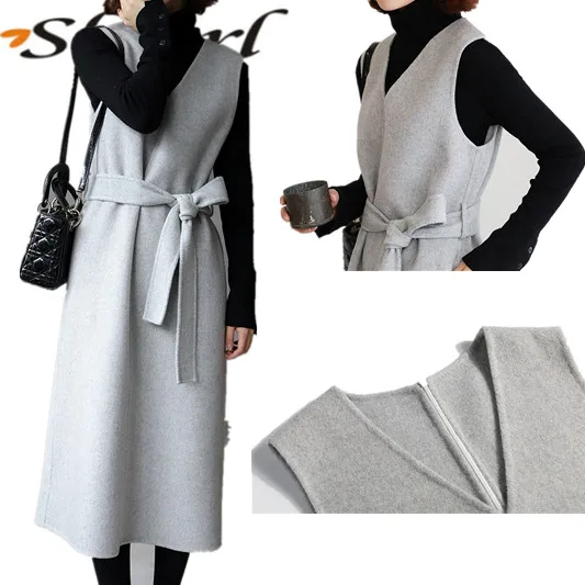 Новый Стиль Длинные Серые v образным вырезом шерсть зимняя одежда для женщин платья для дамы фотографии