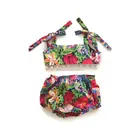 Baby Girls Flower Pattern Swimwear 2PCS Beachwear With Pom Pom