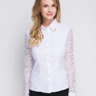 Wholesale Women Clothing New Fashion Women White Turn Down Collar Long Sleeve Hollow Out Lace Blouse