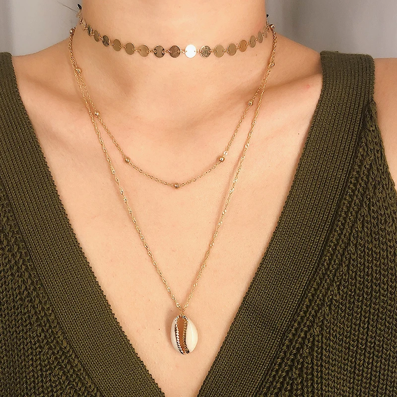 Elegant Gold Copper Beads Multilayer Necklace Sequin Geometric Shell Pendant Necklace (SK526), As picture
Elegant Gold Copper Beads Multilayer Necklace Sequin Geometric Shell Pendant Necklace (SK526), As picture