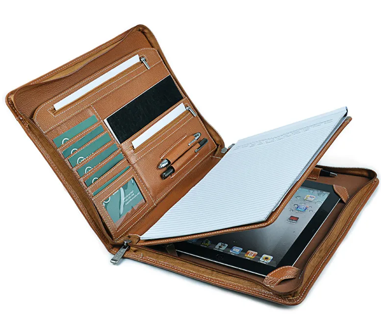 Executive Zippered Holder Leather Documents Organizer Agenda/Portfolio File Folder With Letter-Size Notepad and Pockets