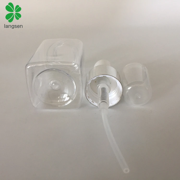 Refillable transparent plastic PET 40ml square perfume spray bottle with silver spray cover cap