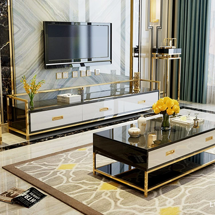 Luxury Tv Cabinet Living Room Furniture Black Unit Stainless Steel