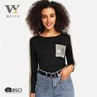 MOQ 2pcs fashion glitter black blouses women with long sleeve