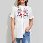 Embroidery Ruffles Shirt Short Sleeve White Blouse Women Cute Summer Tops Casual Button Up Tunic Blouse STb-0915