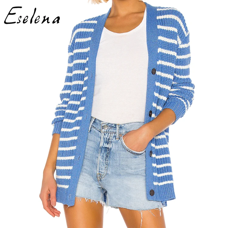 custom Loose long sleeve button knitted cardigan mujer striped blue oversized casual sweater coat
custom Loose long sleeve button knitted cardigan mujer striped blue oversized casual sweater coat