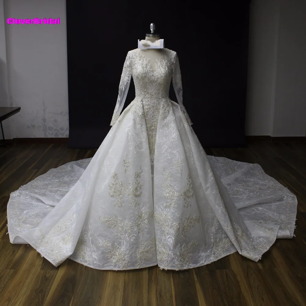 Cloverbridal Best Quality Crystals Beaded Lace Long Sleeves Long