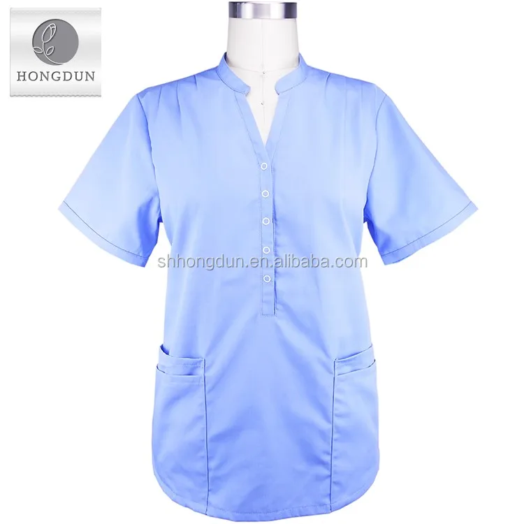 Caliente de calidad superior diseño de logotipo personalizado enfermera uniforme azul con banda elástica en la parte posterior