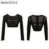 2016 latest new short tops ladies sexy top fashion see through long sleeve top