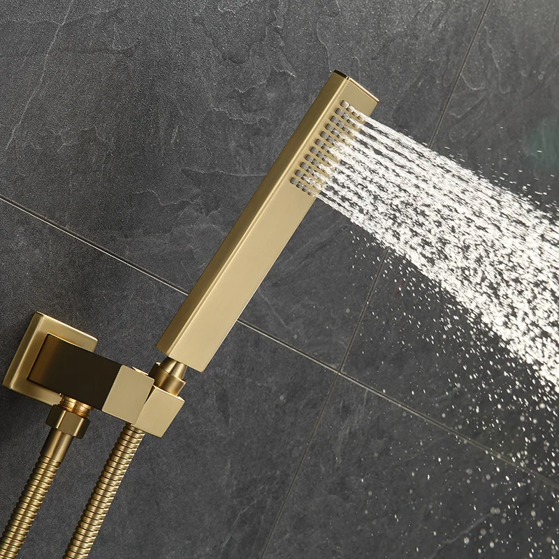 Brushed Gold Rainfall Shower Head Concealed Valve Handheld Spray Mixer Shower Set with body jets