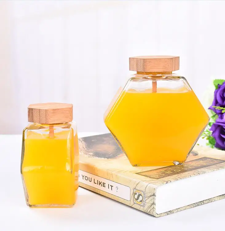 100ml 180ml 280ml 360ml 500ml hexagonal honey glass jar with wooden cap and stick