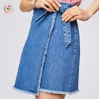 100% Cotton Frayed Denim Wraps Short Pants Adjustable Side Tie Button Jeans Women Skirt