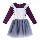 New Fashion Lace Belt Tulle Dress and Long Sleeve Top Baby Girls Clothing Set