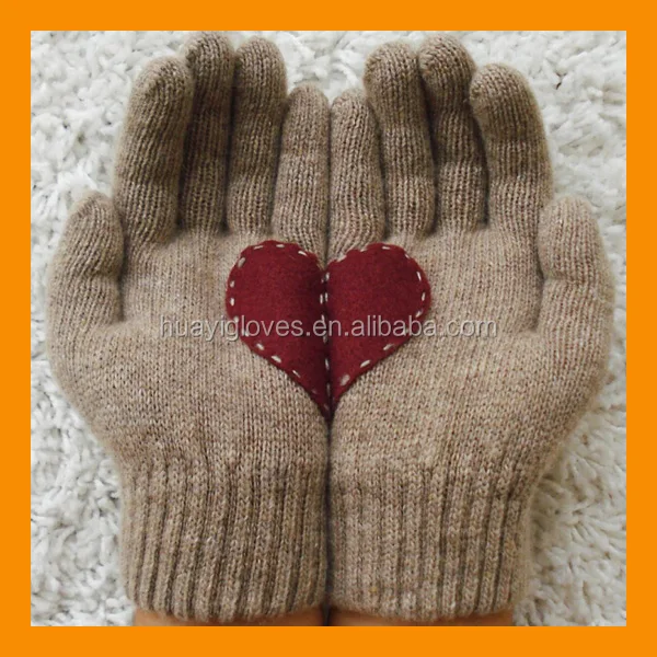 winter warm creative beige gloves red felt heart gloves