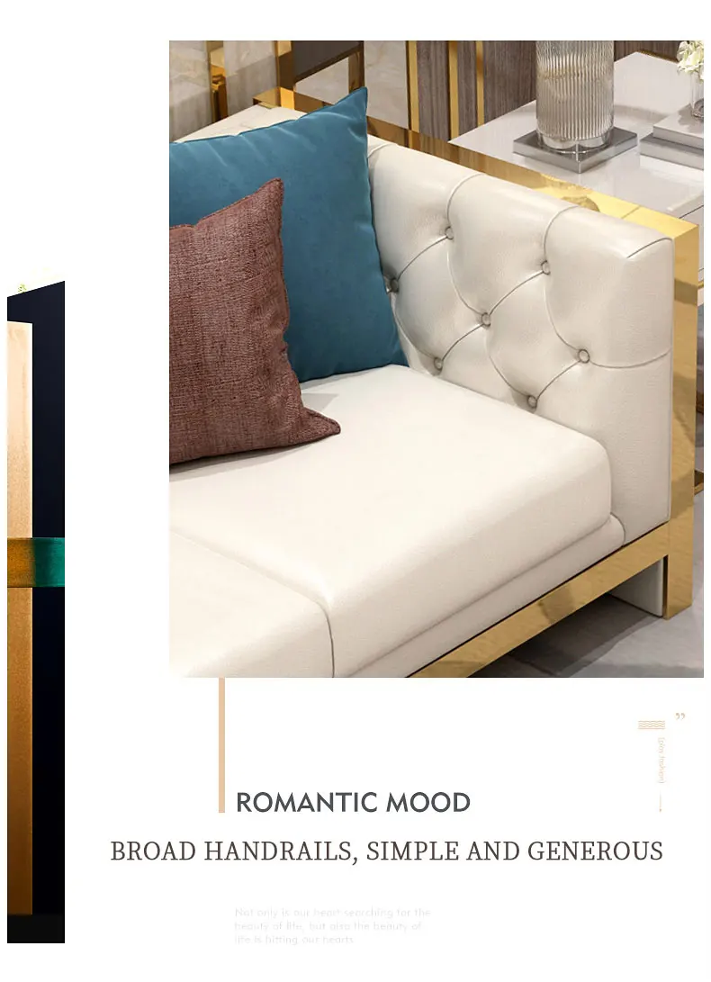 Modern Leather Upholstered Sofa Couch for the Living Room With Golden Stainless Steel Metal Leg Base