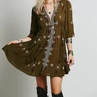 Women Embroidery Dress Bohemia Summer Long Sleeve Mini Dresses Linen Casual Skirt Clothes STb-0564