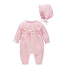 Spring Autumn Girl Clothes Cotton Long Sleeve Solid Color Ruffles Balls Lace Baby Girls Rompers And Hat Outfits