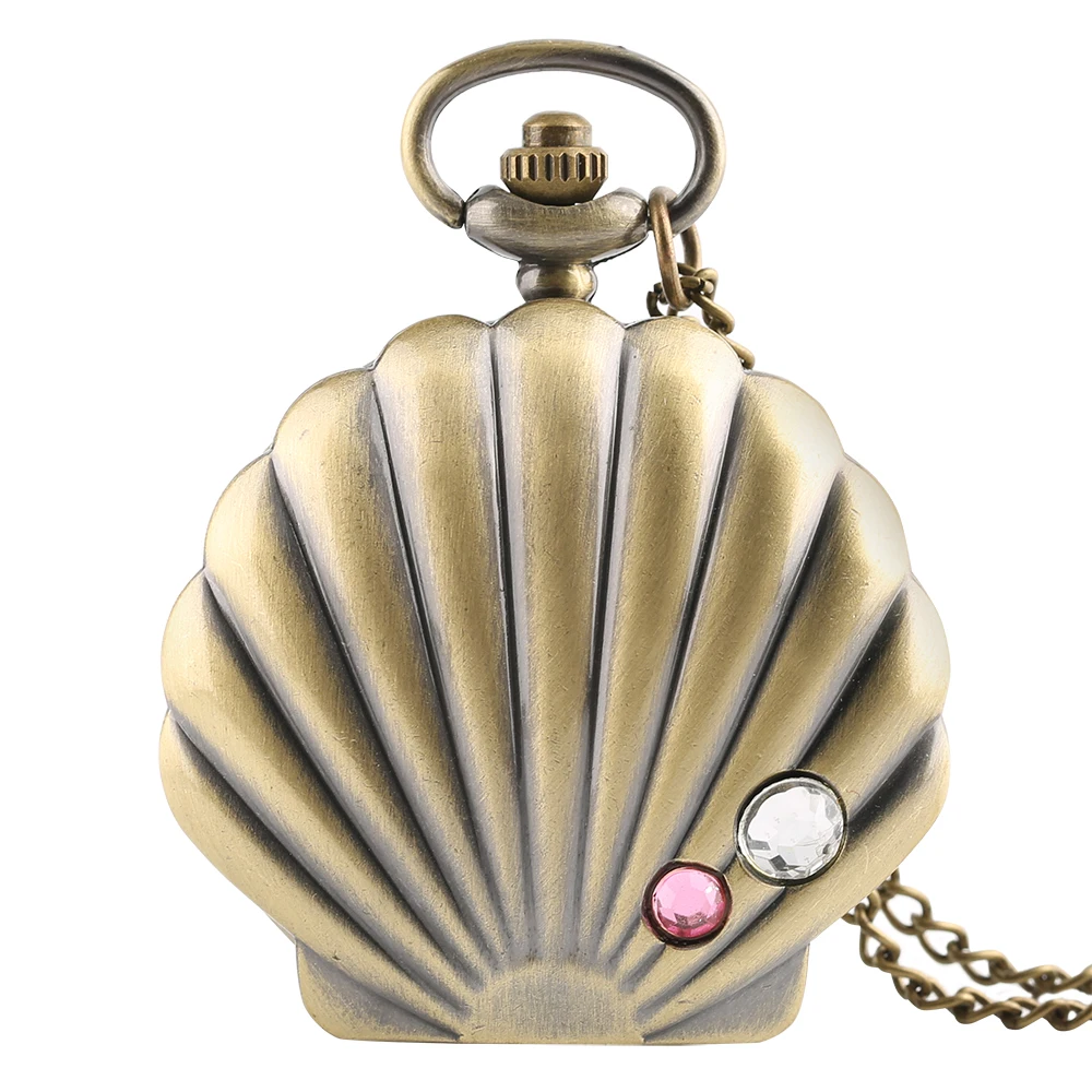 Mermaid Shell Pocket Watch Unique Glossy Metal Scallop Case Pendant Necklace Delicate Ladies Clock Beautiful Gifts for Girl Xmas (1)