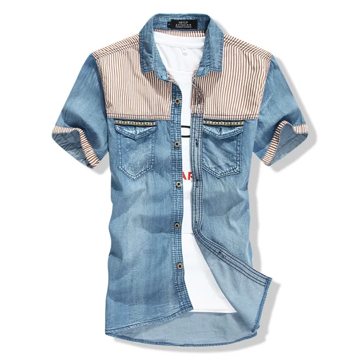 2015 Men Patchwork Striped Casual Dress Denim Shirts Mens Short Sleeve Swag Slim Fit Jeans Shirt Camisa Masculina Famous Brand