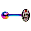 Stainless Steel Rainbow Anodized Flower Skull Logo Barbell Tongue Ring