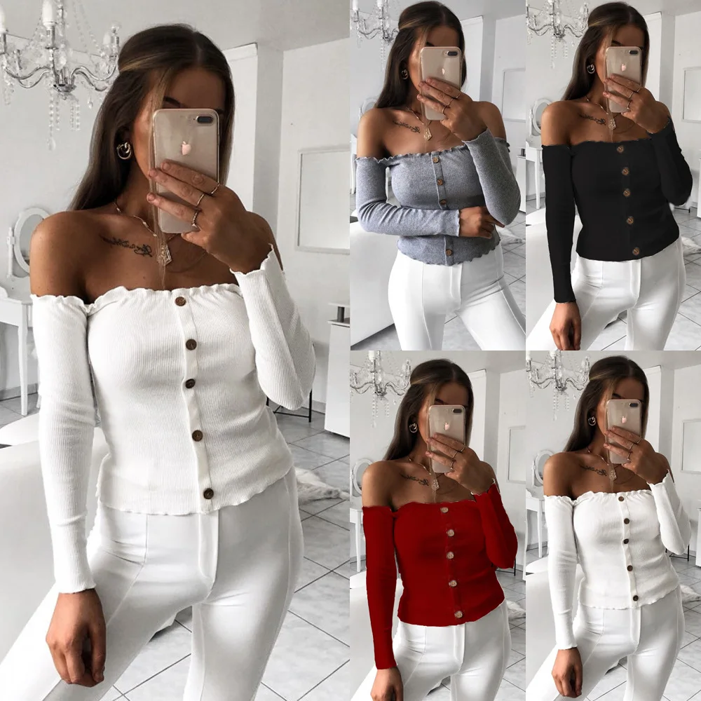 Wholesale Fashion Sexy Women's Clothing Off Shoulder Long Sleeve Button T-shirt, Picture
Wholesale Fashion Sexy Women's Clothing Off Shoulder Long Sleeve Button T-shirt, Picture
