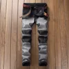 Custom Design Washed Slim Fit Mens BIker Jeans Men Straight Denim Pants WIth Leather Decoration