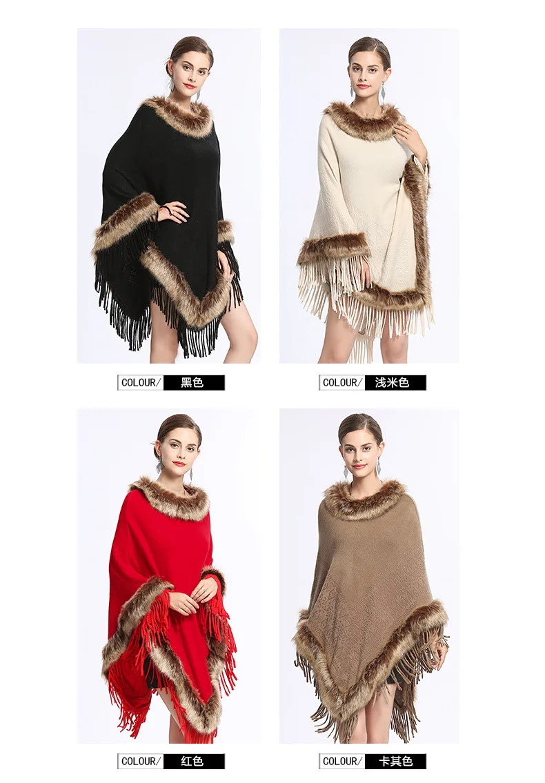 Description Picture 2 of item2 Style Women Printed Poncho Winter Faux Fox Fur Loose Shawl Capes Knitted Triangle Tassel Oversize Fur Neck Pullover Overcoat
