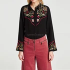Kimono Blouse Women Ethnic Style Chiffon Flare Sleeve Vintage Floral Embroidery Shirt Black Ladies Casual Top STb-0453